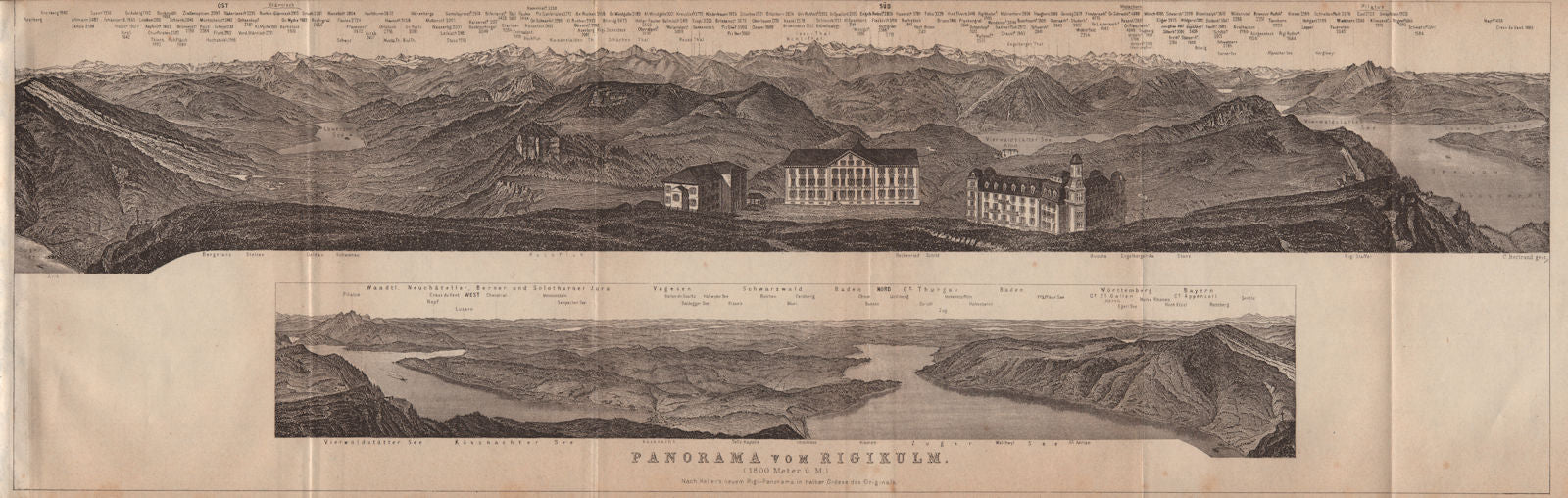 PANORAMA from/von RIGIKULM 1800m. Küssnacht. Switzerland Schweiz 1905 old map
